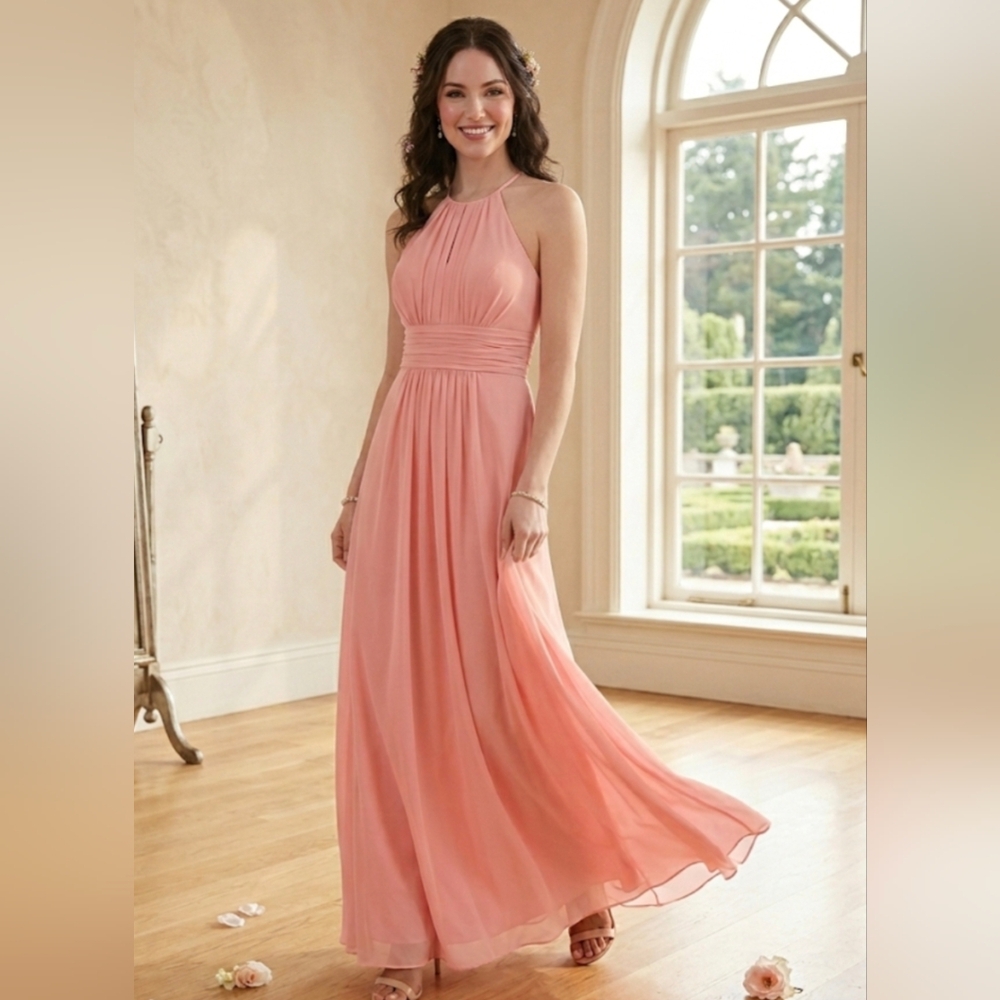 Elegant Peach Halter Maxi Dress Size 6